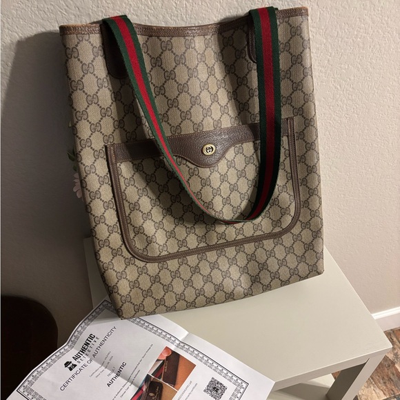 Gucci Handbags - Gucci Beige and Brown Tote Bag with Green and Red Straps